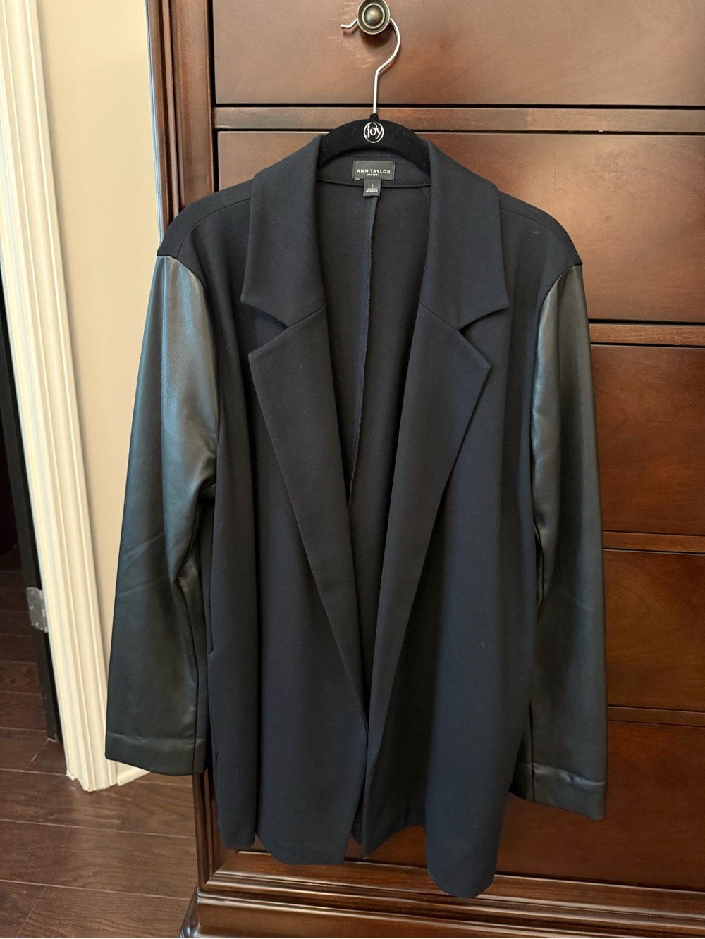 Ann Taylor Black Open-Front Blazer with Faux Leather Sleeves